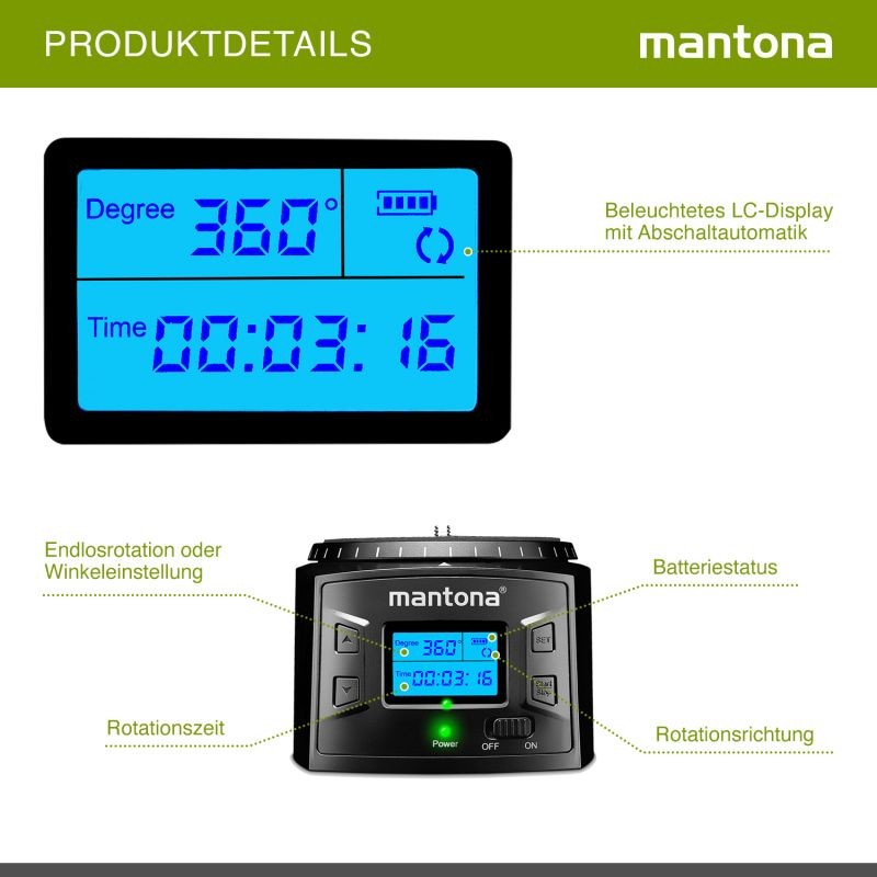 Mantona Turnaround 360 Advanced 3 sähkökäyttöinen panoraamapää, 360° jatkuva pyöritys, musta
