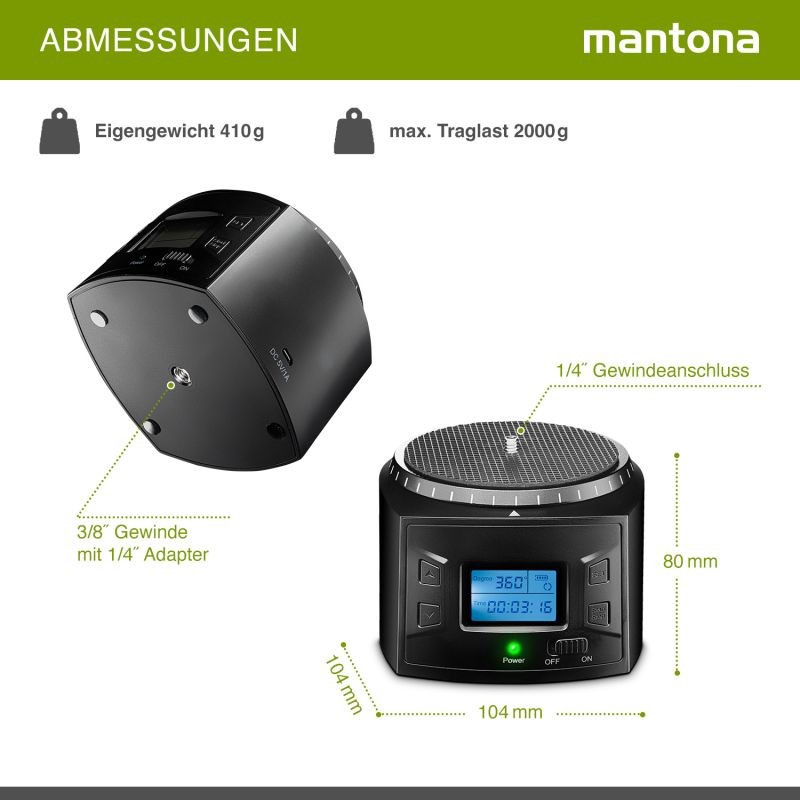 Mantona Turnaround 360 Advanced 3 sähkökäyttöinen panoraamapää, 360° jatkuva pyöritys, musta