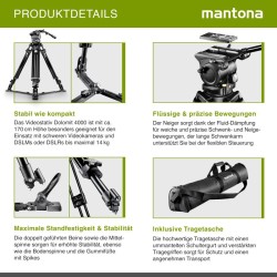Mantona Dolomit 4000 videojalka 170 cm, 14 kg kantavuus, nestevaimennettu videopää, kuljetuslaukku