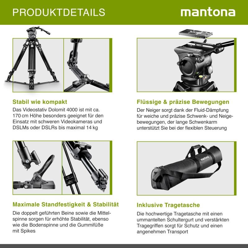 Mantona Dolomit 4000 videojalka 170 cm, 14 kg kantavuus, nestevaimennettu videopää, kuljetuslaukku