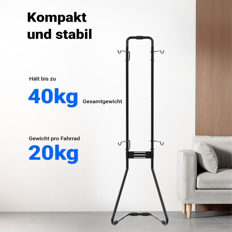 Polkupyöräteline 2 pyörälle, vapaasti seisova, korkeussäädettävä, 66,5 x 55,8 x 219 cm, musta