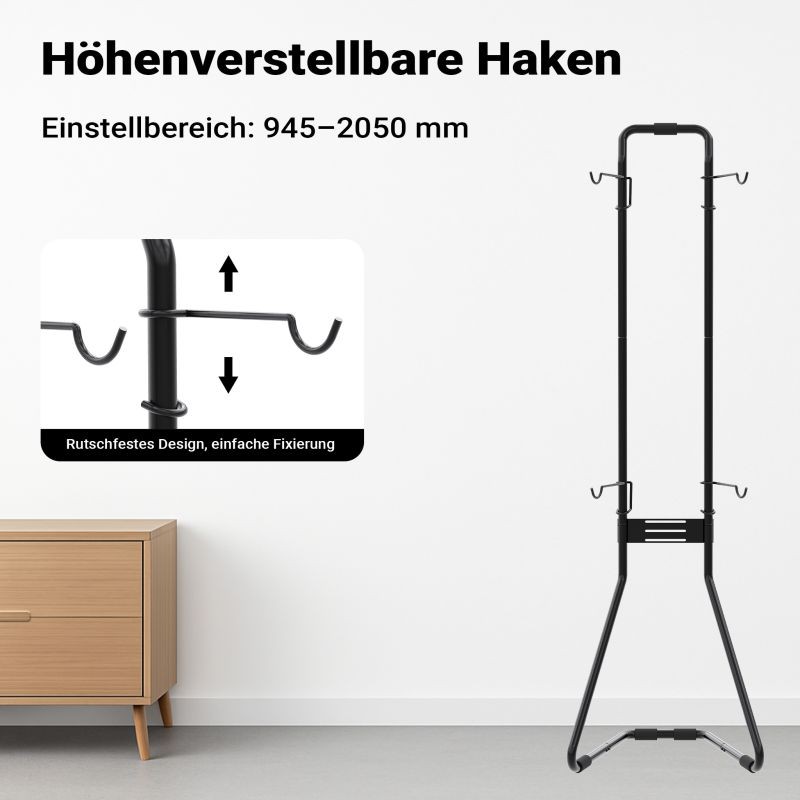 Polkupyöräteline 2 pyörälle, vapaasti seisova, korkeussäädettävä, 66,5 x 55,8 x 219 cm, musta