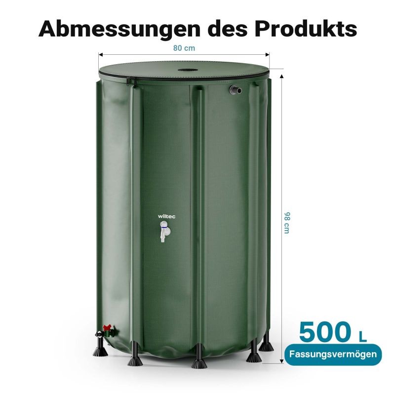 Taitettava sadevesisäiliö 500 l, vihreä, 620 g/m² PVC, kansi, vesihana ja letkuliitäntä
