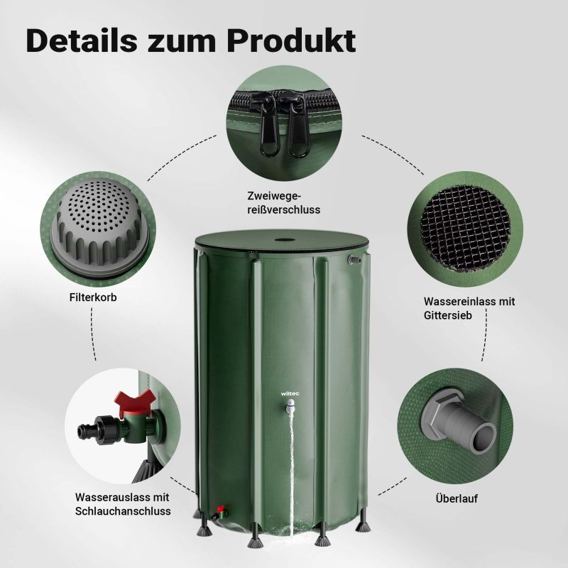 Taitettava sadevesisäiliö 500 l, vihreä, 620 g/m² PVC, kansi, vesihana ja letkuliitäntä