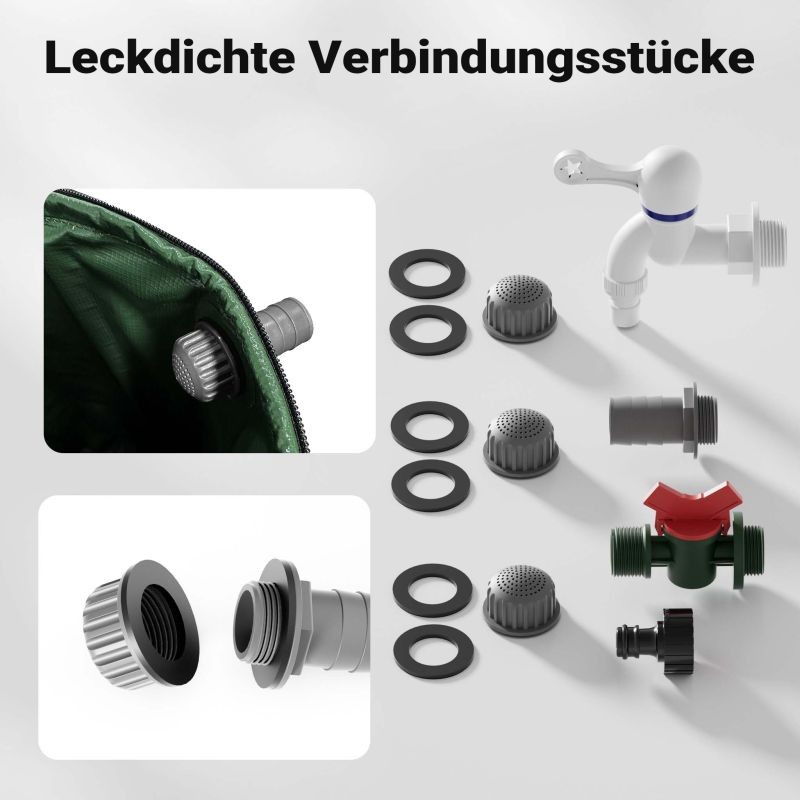 Taitettava sadevesisäiliö 500 l, vihreä, 620 g/m² PVC, kansi, vesihana ja letkuliitäntä