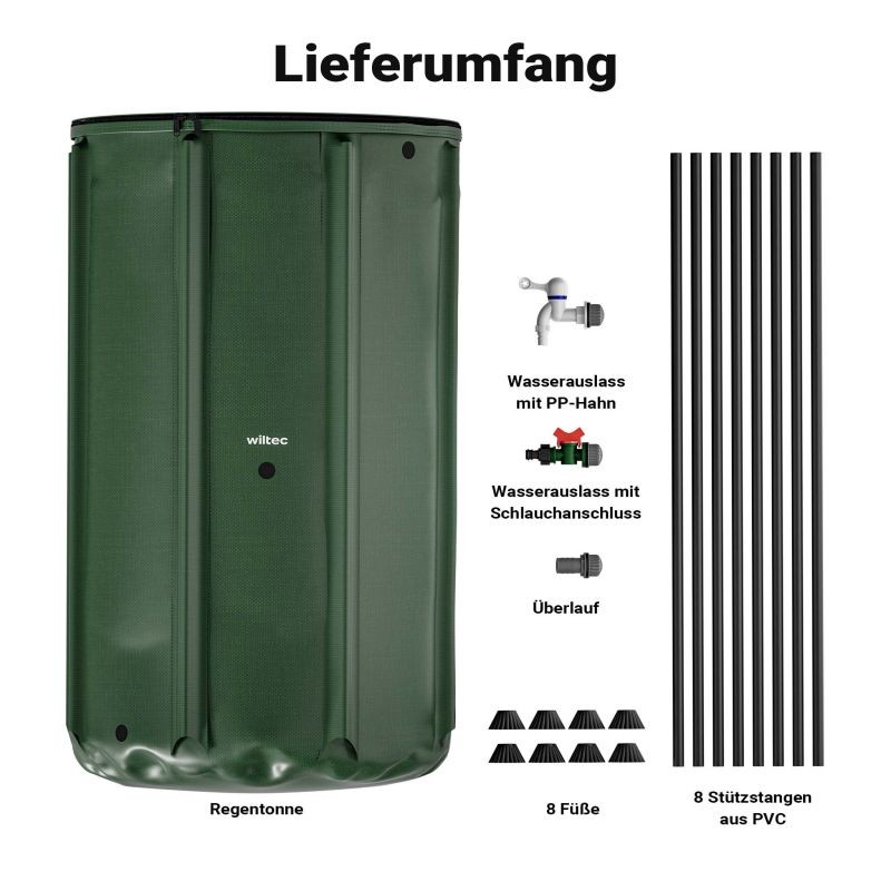 Taitettava sadevesisäiliö 500 l, vihreä, 620 g/m² PVC, kansi, vesihana ja letkuliitäntä
