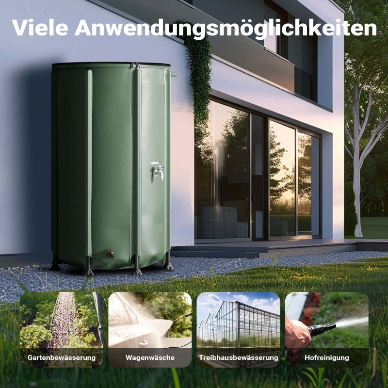 Taitettava sadevesisäiliö 500 l, vihreä, 620 g/m² PVC, kansi, vesihana ja letkuliitäntä