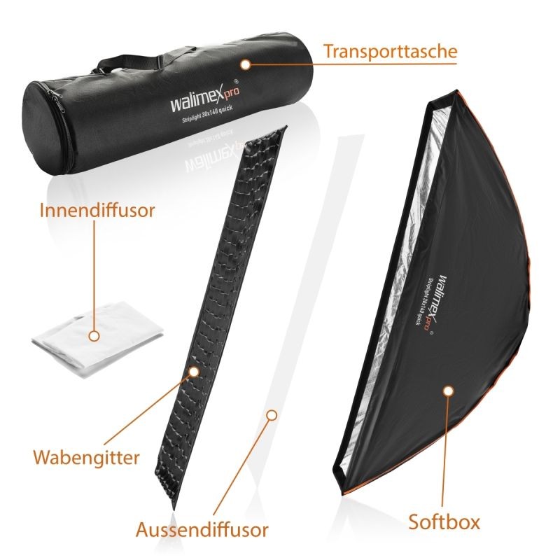 Walimex pro Studio Line Striplight Softbox 1400 x 300 x 600 mm, kenno, diffuusorit, Aurora/Bowens-adapterit