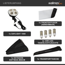 Walimex pro Daylight 1000 studiovalaistussetti Octagon softbox 60 cm 4x 35 W LED polttimoa