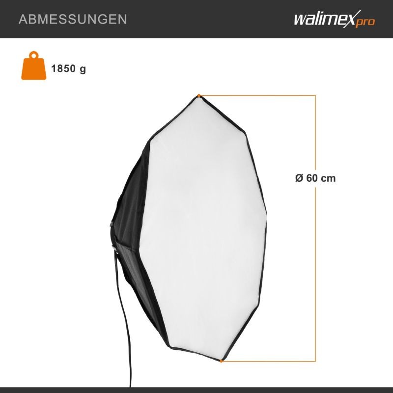 Walimex pro Daylight 1000 studiovalaistussetti, Octagon-softbox 60 cm, 4x 35 W LED-polttimoa