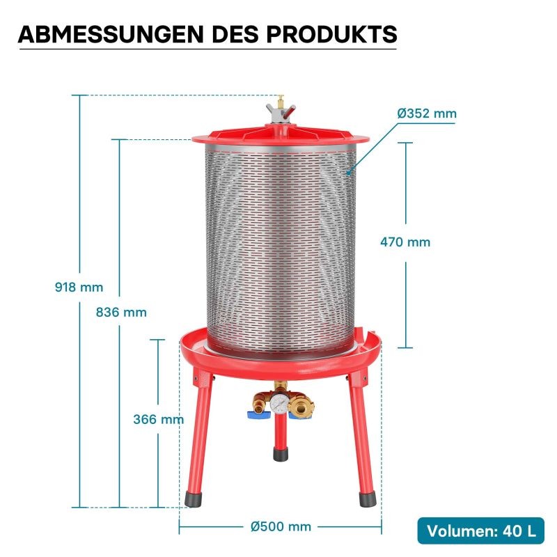 Vesipaineinen mehupuristin 40 l, 3 bar, ruostumaton teräs, punainen
