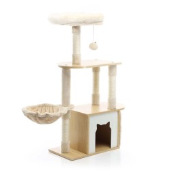 Fudajo kiipeilypuu, beige, 106 cm, puu, pehmo ja sisal, kissatalolla ja tähystyspaikalla