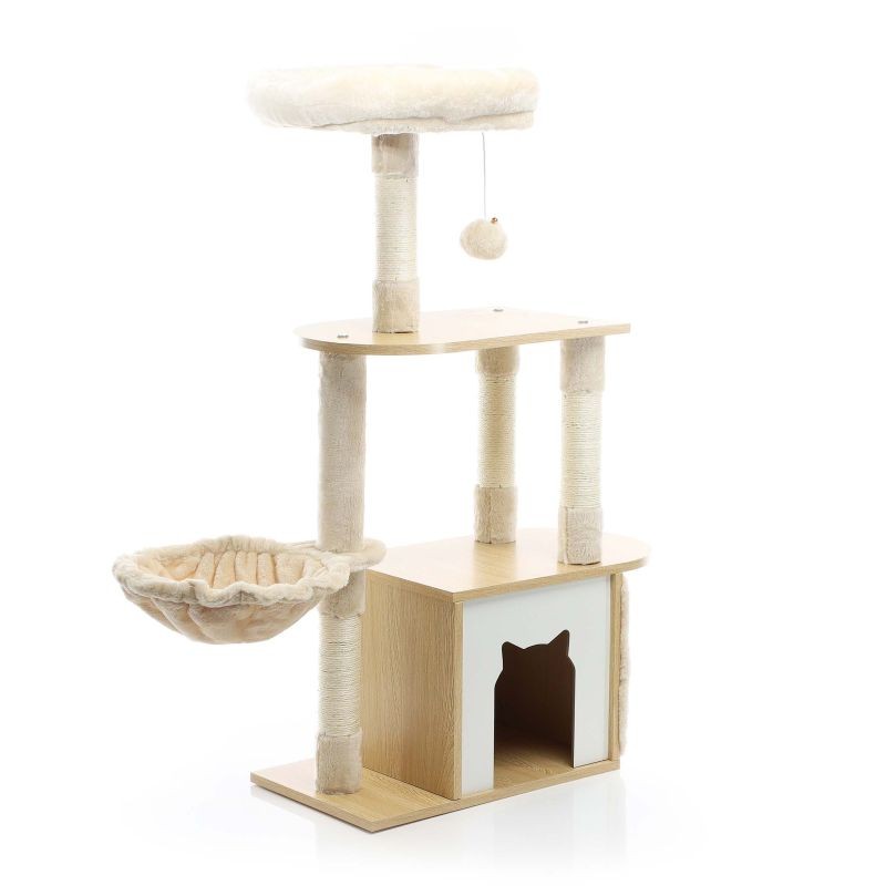 Fudajo kiipeilypuu, beige, 106 cm, puu, pehmo ja sisal, kissatalolla ja tähystyspaikalla