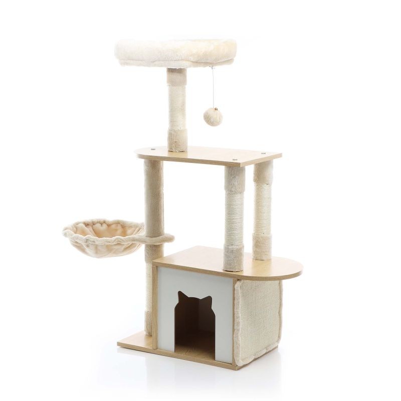 Fudajo kiipeilypuu, beige, 106 cm, puu, pehmo ja sisal, kissatalolla ja tähystyspaikalla