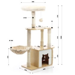 Fudajo kiipeilypuu, beige, 106 cm, puu, pehmo ja sisal, kissatalolla ja tähystyspaikalla