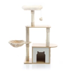 Fudajo kiipeilypuu, beige, 106 cm, puu, pehmo ja sisal, kissatalolla ja tähystyspaikalla