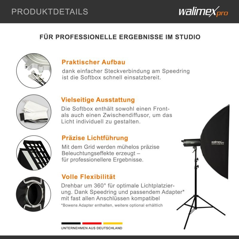 Walimex pro Essential Striplight-softbox 30 x 120 cm, kenno, Bowens- ja Elinchrom-adapterit, kuljetuslaukku