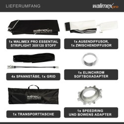 Walimex pro Essential Striplight-softbox 30 x 120 cm, kenno, Bowens- ja Elinchrom-adapterit, kuljetuslaukku
