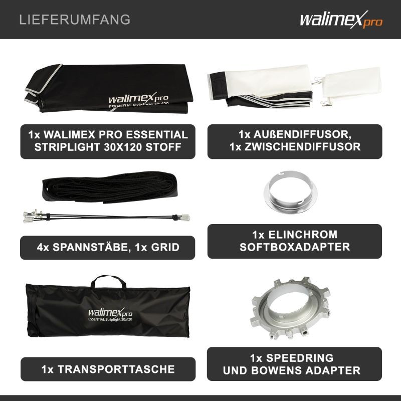 Walimex pro Essential Striplight-softbox 30 x 120 cm, kenno, Bowens- ja Elinchrom-adapterit, kuljetuslaukku