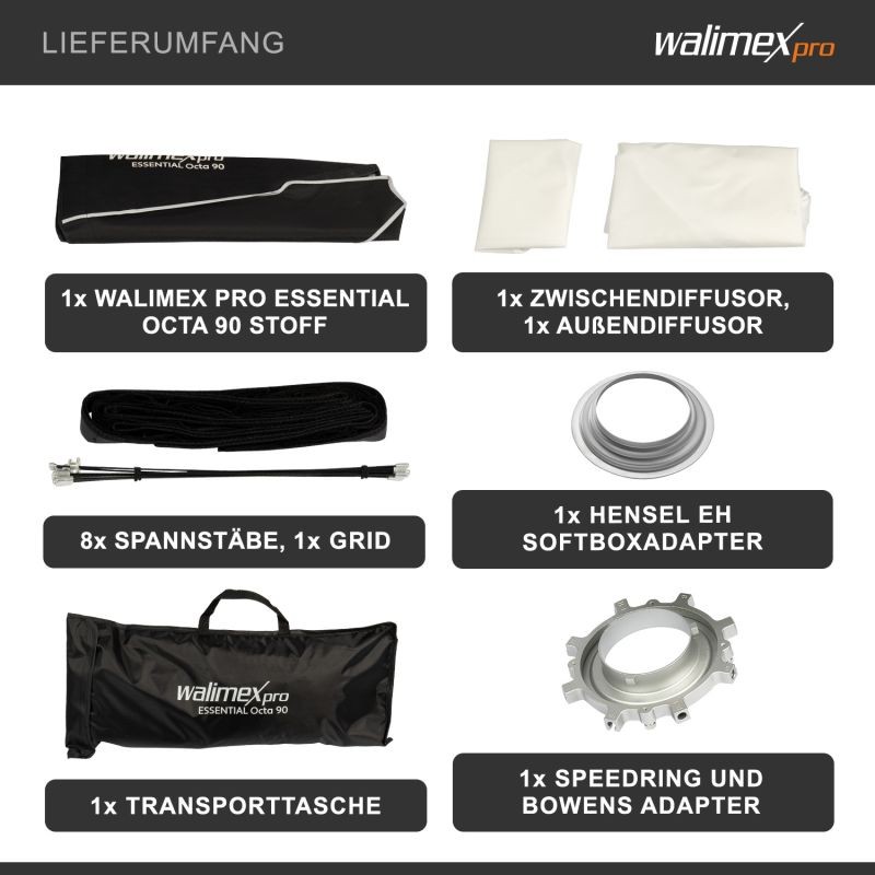 Walimex pro Essential Oktagon-softbox 90 cm, Bowens- ja Hensel EH -adapterit, kenno ja kantolaukku