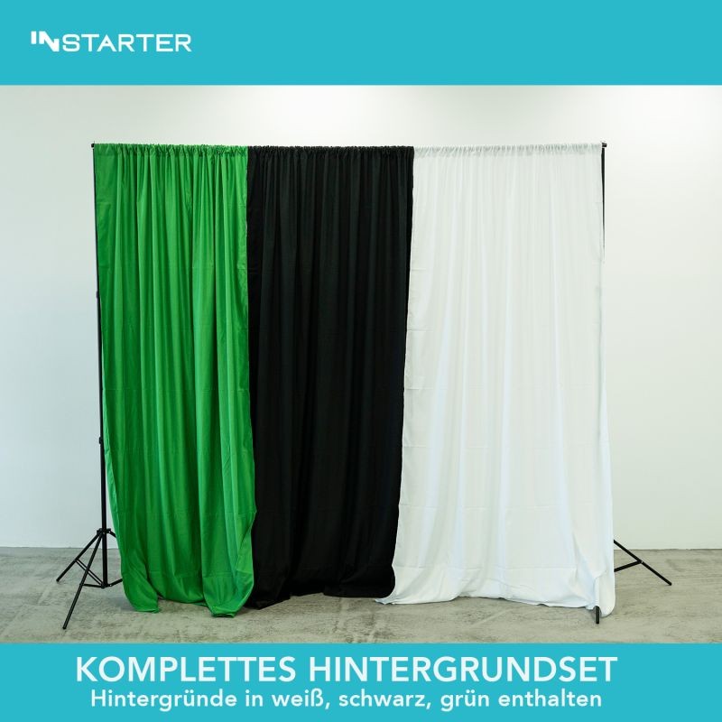 Instarter Taustajärjestelmä 1,55–3,05 m, 3 polyesteritaustaa (vihreä, valkoinen, musta)