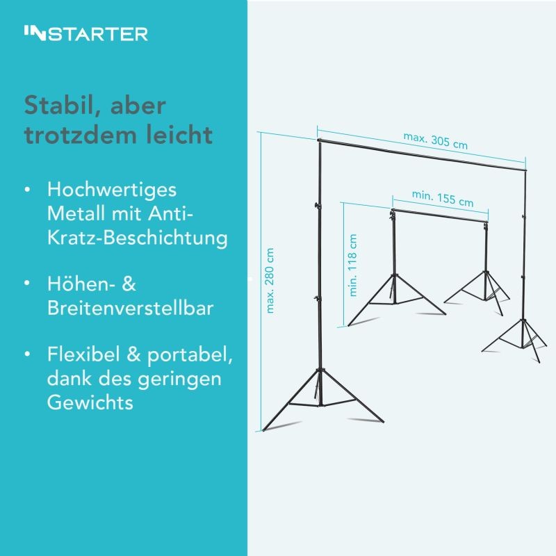 Instarter Taustajärjestelmä 1,55–3,05 m, 3 polyesteritaustaa (vihreä, valkoinen, musta)