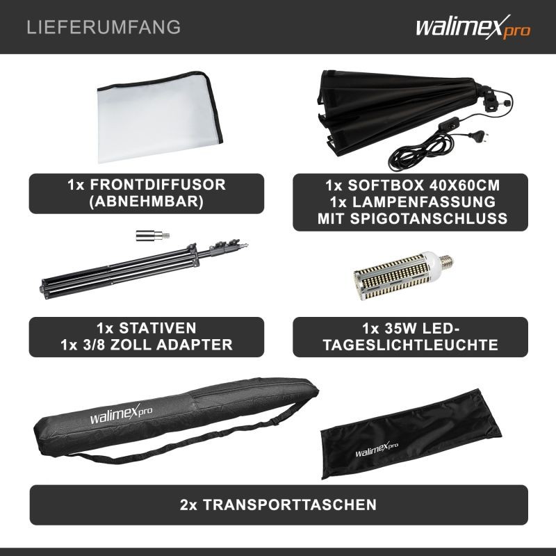 Walimex pro Softbox-setti 40 x 60 cm, 35 W LED-valo ja FT-8051-jalusta