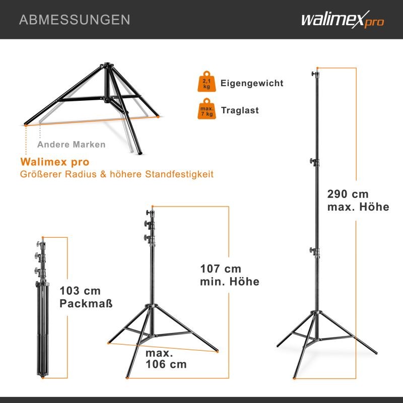 Walimex pro AIR 290 Deluxe valojalka, max. korkeus 290 cm, ilmapuskuri, 7 kg kantavuus, alumiini