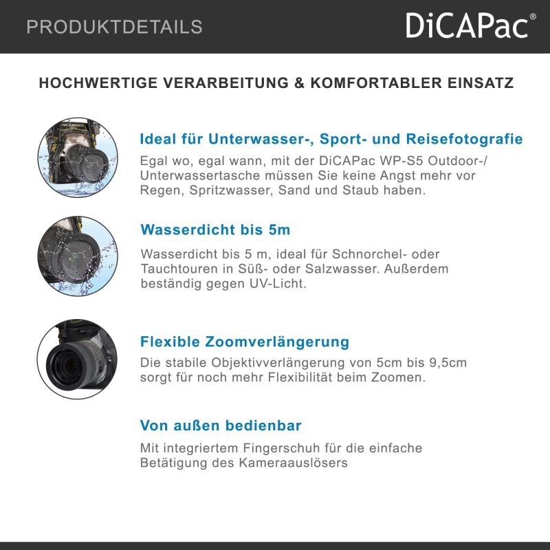 DiCAPac WP-S5 vedenkestävä kameralaukku kompaktikameroille, 5 m syvyyteen, antrasiitti