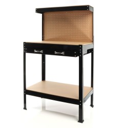 Työpöytä 800 x 500 x 1400 mm, MDF-työtaso, teräsrunko, reikälevy ja vetolaatikko, ruskea