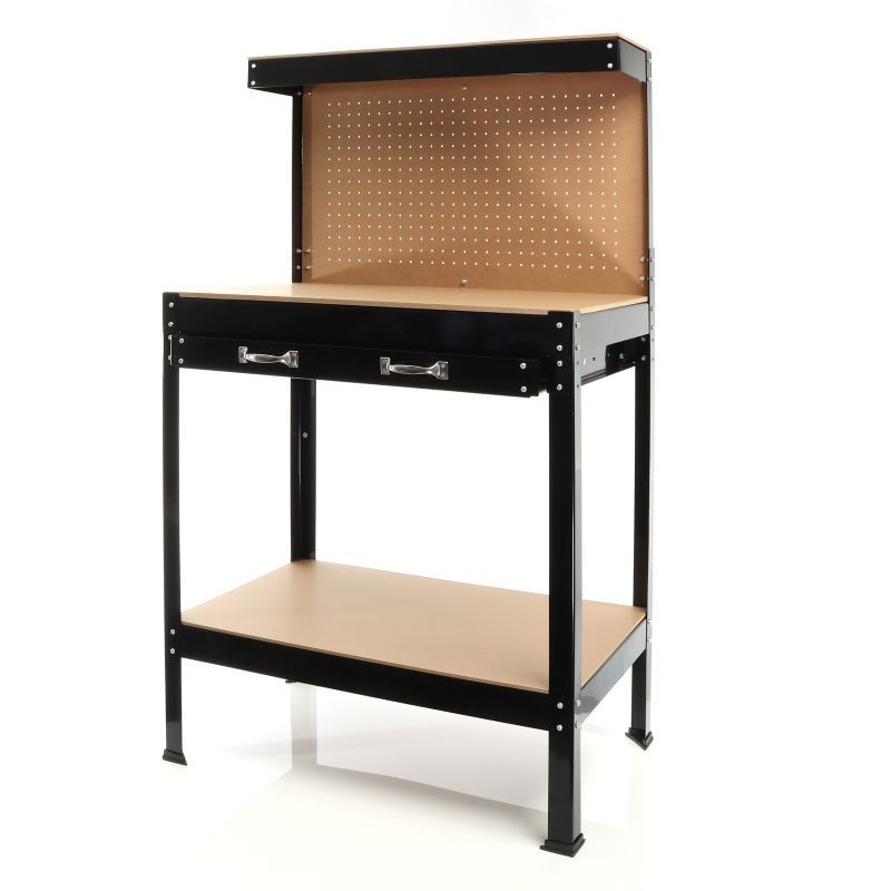 Työpöytä 800 x 500 x 1400 mm, MDF-työtaso, teräsrunko, reikälevy ja vetolaatikko, ruskea