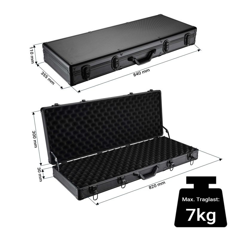 Lukittava asekotelo, 84 x 35,5 x 11 cm, alumiinivahvisteinen, musta
