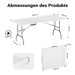 Kokoontaitettava retkipöytä 180 x 75 x 74 cm, harmaa, HDPE-muovi