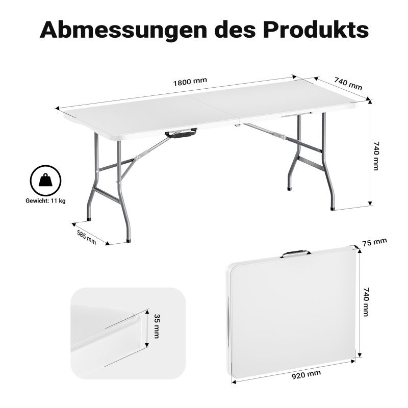 Kokoontaitettava retkipöytä 180 x 75 x 74 cm, harmaa, HDPE-muovi