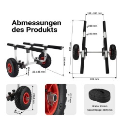 Taitettava alumiininen kuljetusvaunu kanootille, kajakille ja SUP-laudalle, kantavuus 90 kg, 26 cm renkaat