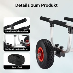 Taitettava alumiininen kuljetusvaunu kanootille, kajakille ja SUP-laudalle, kantavuus 90 kg, 26 cm renkaat
