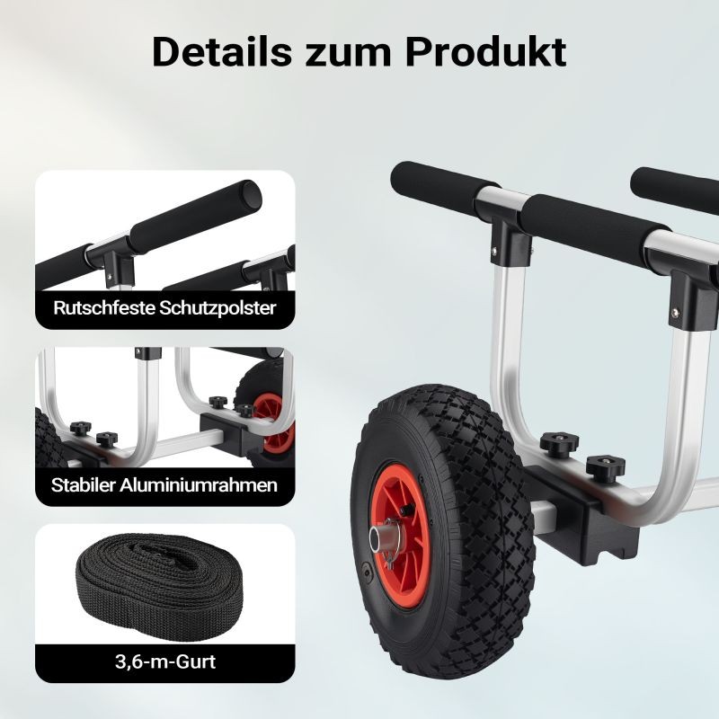 Taitettava alumiininen kuljetusvaunu kanootille, kajakille ja SUP-laudalle, kantavuus 90 kg, 26 cm renkaat