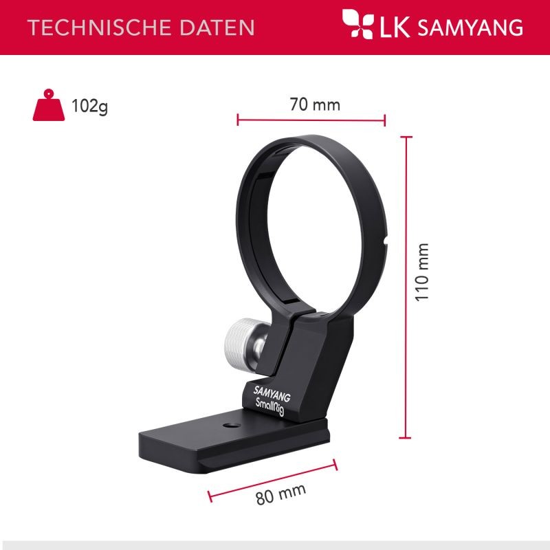 Samyang jalustakaulus Sony E-mount AF- ja MF-objektiiveille, Arca-Swiss