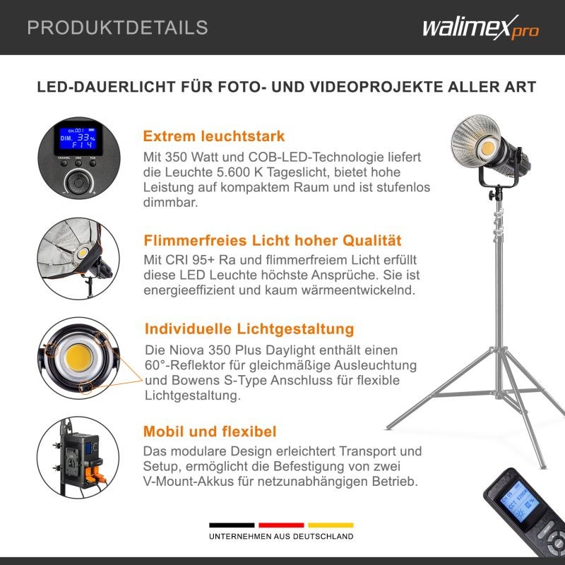 Walimex pro Niova 350 Plus Daylight LED-studiovalaisinsetti 2 kpl, 350 W, Bowens-liitäntä