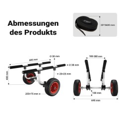 Taitettava alumiininen kuljetusvaunu kanootille, kajakille ja SUP-laudalle, max. 90 kg, 22 cm PU-pyörät