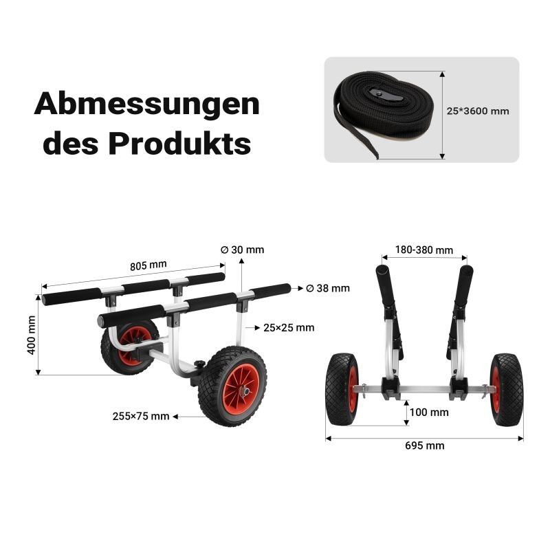 Taitettava alumiininen kuljetusvaunu kanootille, kajakille ja SUP-laudalle, max. 90 kg, 22 cm PU-pyörät