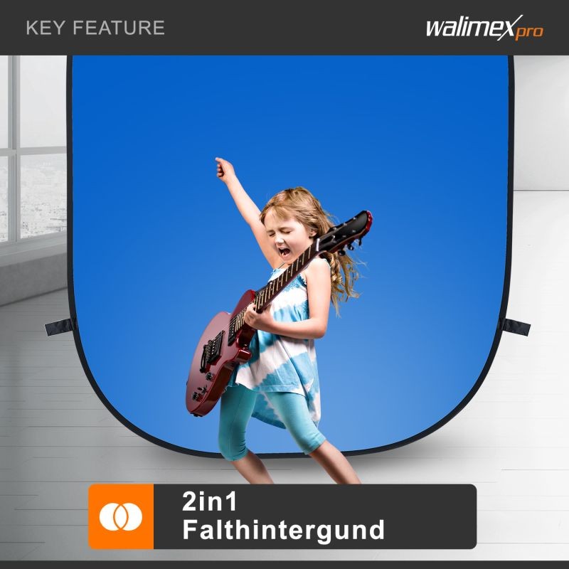 Walimex pro 2-in-1 taitettava tausta harmaa/sininen 210 x 180 cm, kantolaukulla