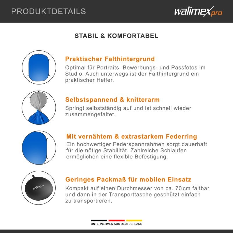 Walimex pro 2-in-1 taitettava tausta harmaa/sininen 210 x 180 cm, kantolaukulla