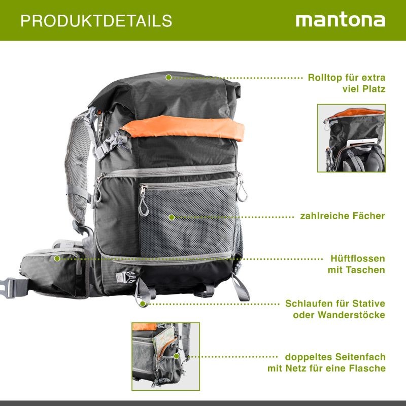 Mantona ElementsPro 30 kamerareppu, musta, ulkoilureppu DSLR- ja järjestelmäkameroille, sadesuojalla