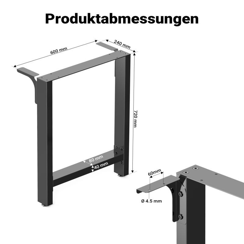 Pöydänjalat terästä, hopea, 600 x 240 x 720 mm, 2 kpl