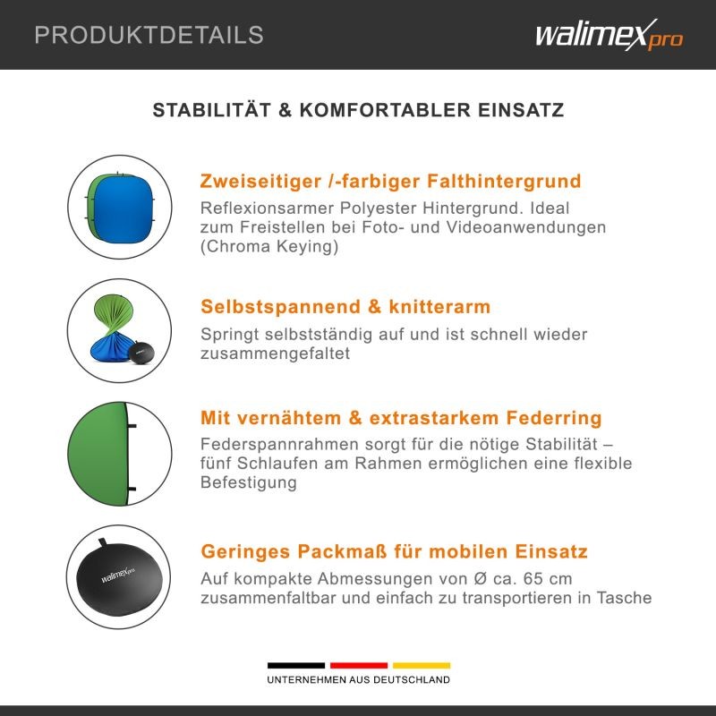 Walimex pro 2-in-1 taitettava valokuvaustausta vihreä/sininen 200 x 230 cm, kuljetuslaukulla