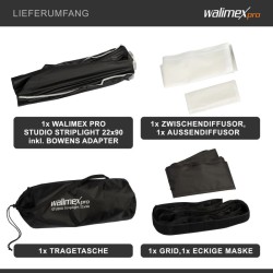 Walimex pro Striplight Softbox 22 x 90 cm, kenno, maski, Bowens-adapteri ja kuljetuslaukku