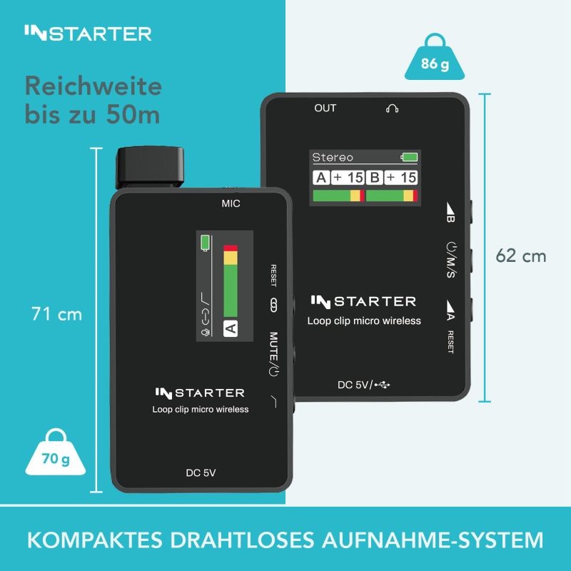 Instarter Lavalier Wireless System Kit 3 langaton mikrofonisetti, 2 lähetintä, 1 vastaanotin, 50 m, USB-C, 3,5 mm