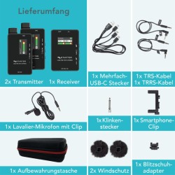 Instarter Lavalier Wireless System Kit 3 langaton mikrofonisetti, 2 lähetintä, 1 vastaanotin, 50 m, USB-C, 3,5 mm