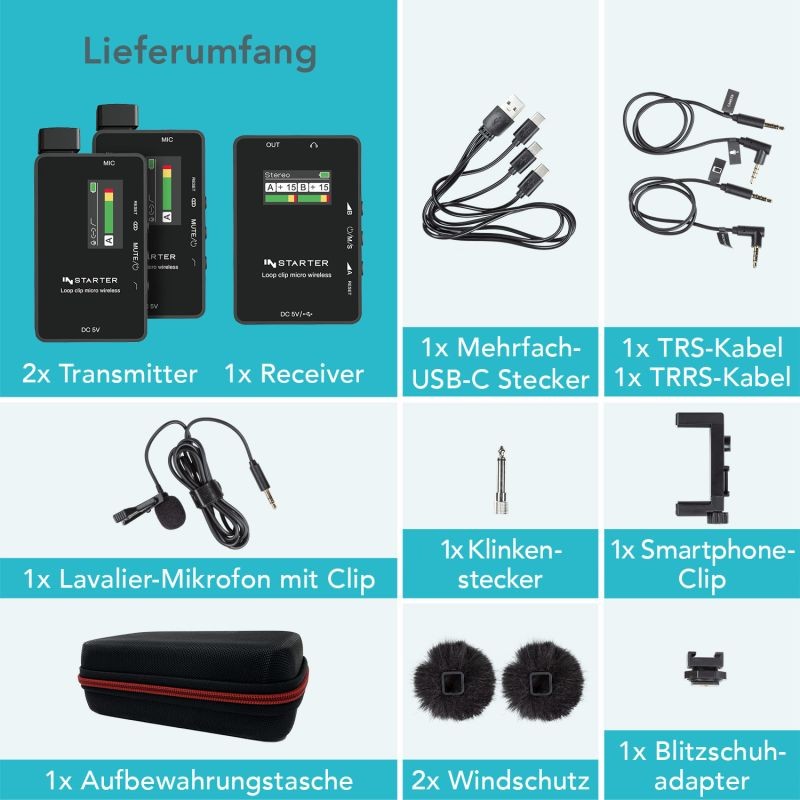 Instarter Lavalier Wireless System Kit 3 langaton mikrofonisetti, 2 lähetintä, 1 vastaanotin, 50 m, USB-C, 3,5 mm